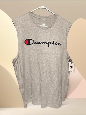 NWT Champion Gray Muscle Tee with Navy Logo and Red Accent